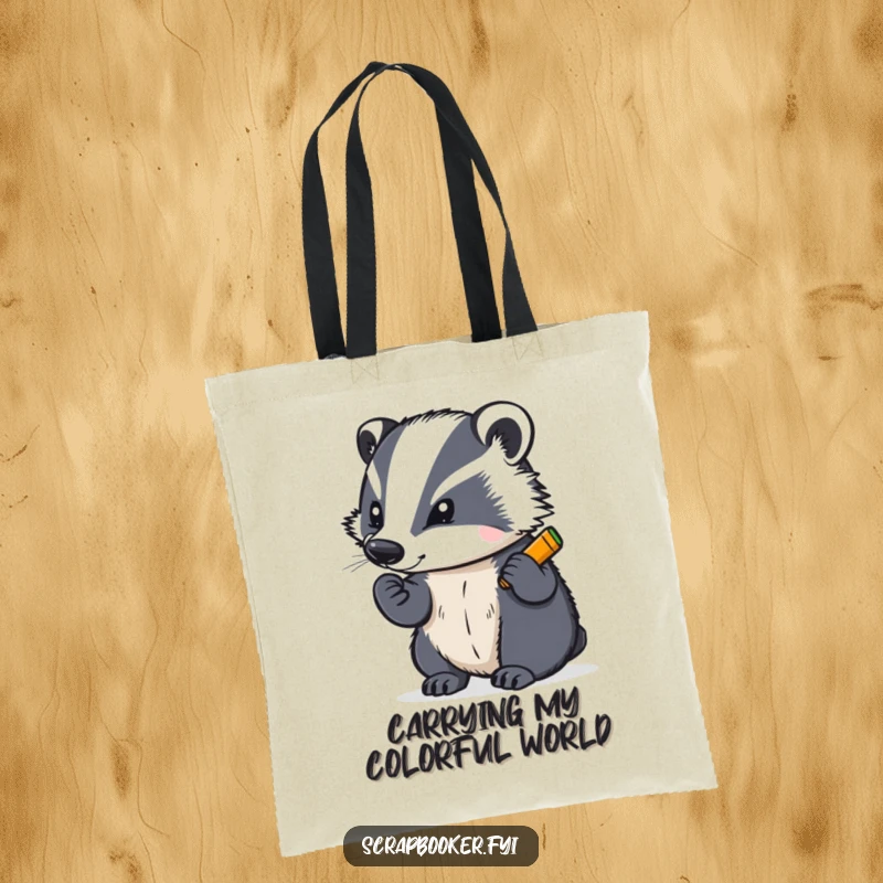 Funny tote bag featuring a determined badger writing with a bright crayon, ideal for carrying art supplies with artistic flair.
