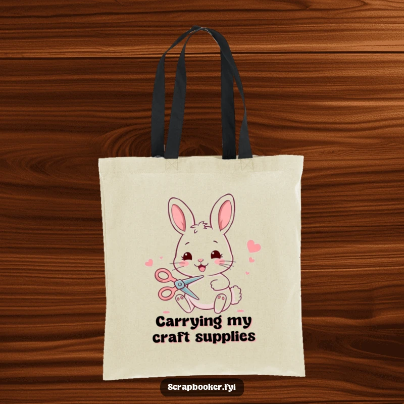 Funny bunny tote bag featuring a smiling bunny cutting paper with scissors, perfect for carrying craft supplies.
