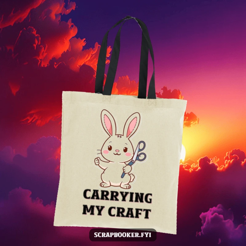 Funny Tote Bag: A delightful rabbit enthusiastically using big scissors to cut out fun shapes, perfect for carrying craft supplies humorously.
