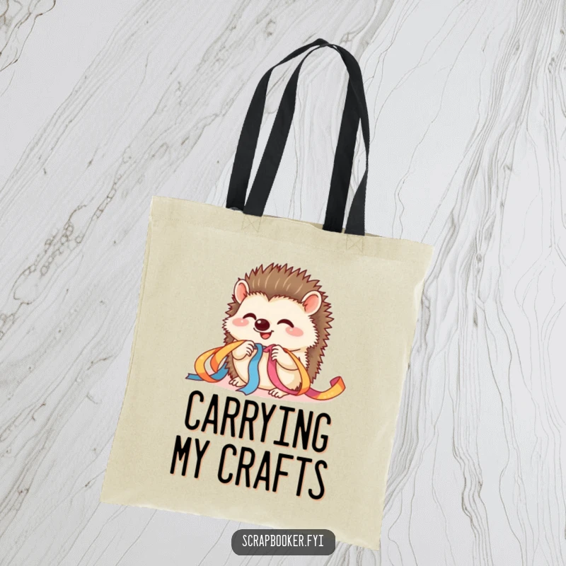 Funny hedgehog craft tote bag featuring a giggling hedgehog threading ribbon, ideal for crafters and as a funny gift.