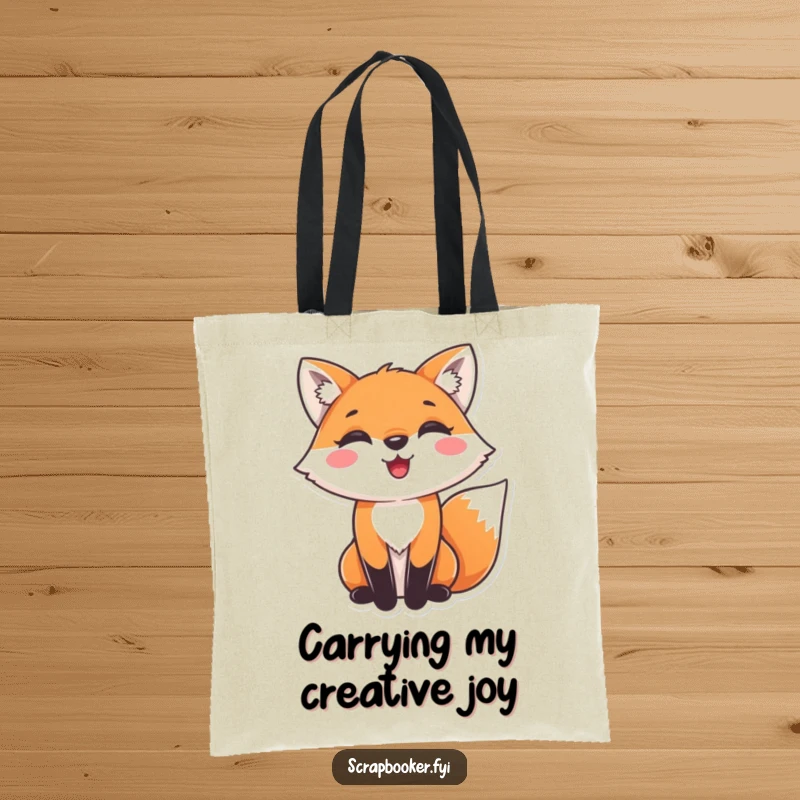 Funny fox tote bag with a delighted fox gluing decorative paper, perfect for crafters and decor lovers. Ideal gift.