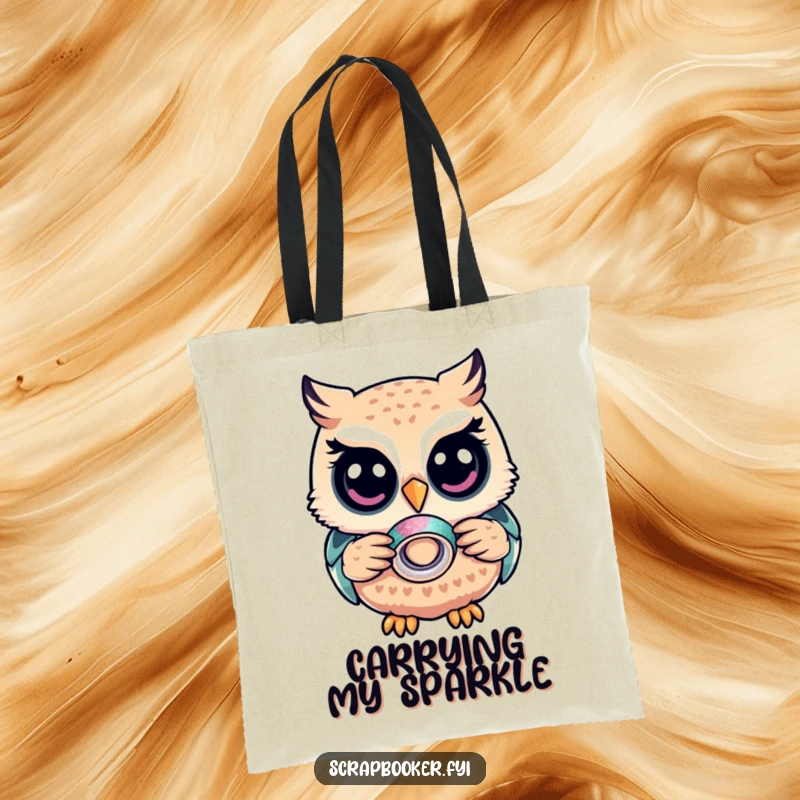 Funny Owl Tote Bag: A content owl with glitter tape, ready to carry your things in a humorous and stylish fashion.