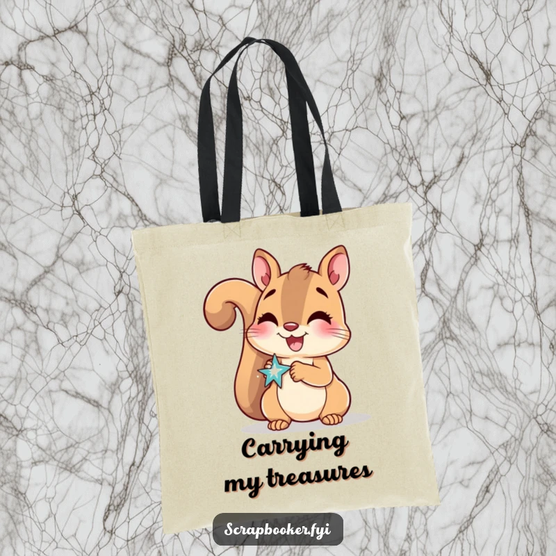 Funny Tote Bag showcasing a delighted squirrel smiling as it glues a sparkly sticker, perfect for crafters.