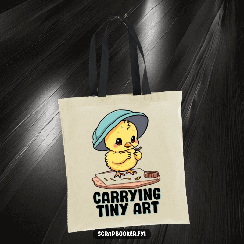 Funny chick tote bag of a curious character painting card details, perfect for carrying craft supplies.