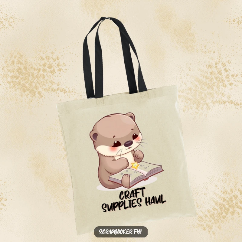 Funny tote bag showcasing a cute otter meticulously gluing a shiny embellishment onto a craft page, ideal for carrying supplies humorously.