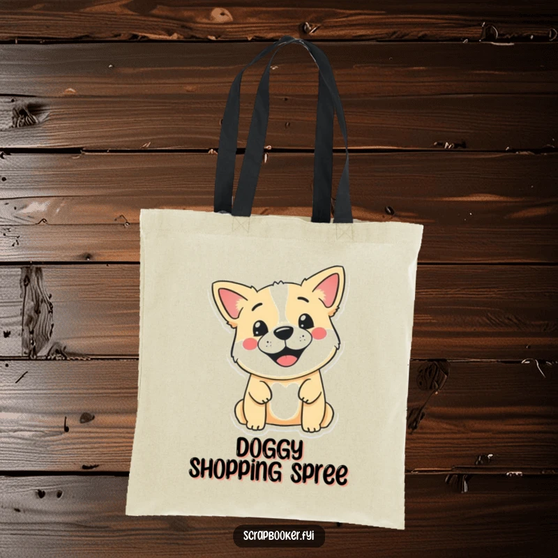 Funny tote bag featuring a smiling dog pressing a stamp to create a cute design on a blank page, ideal for carrying essentials.