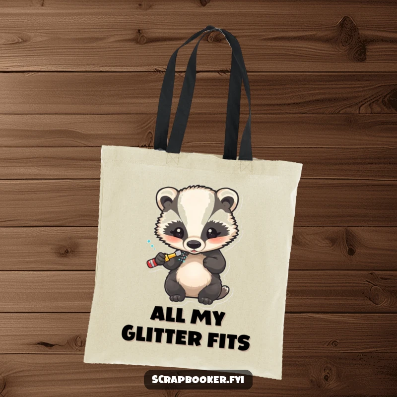 Funny tote bag with a little badger carefully applying glitter to a finished design, great for crafters.
