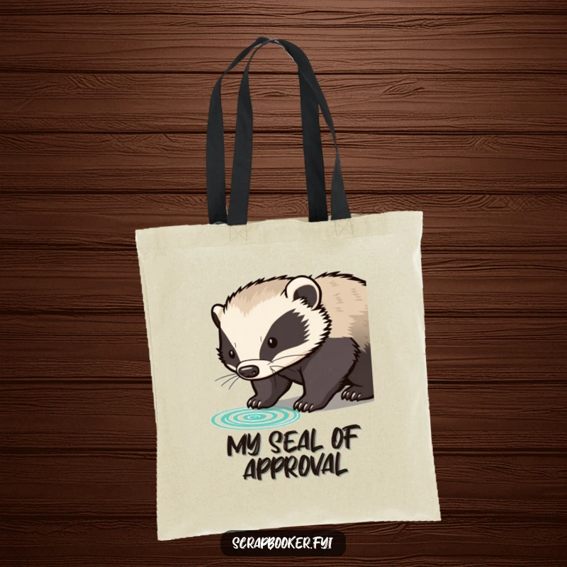 Funny determined badger pressing rubber stamp with clear impression, on a tote bag, a stylish accessory for decisive individuals.