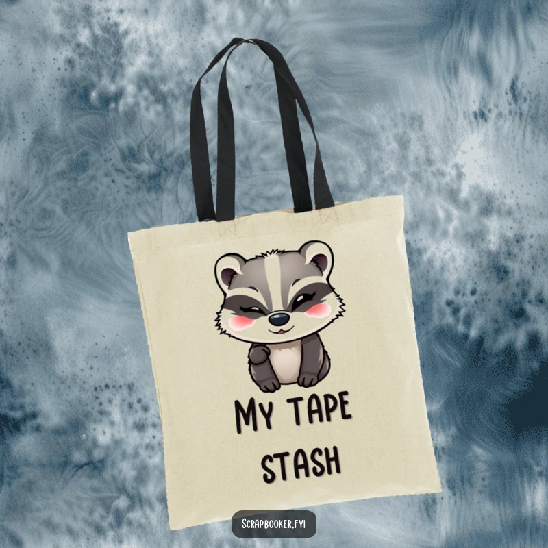 Funny Badger Tote Bag showing a winking badger adding a final flourish of decorative tape, perfect for supplies.