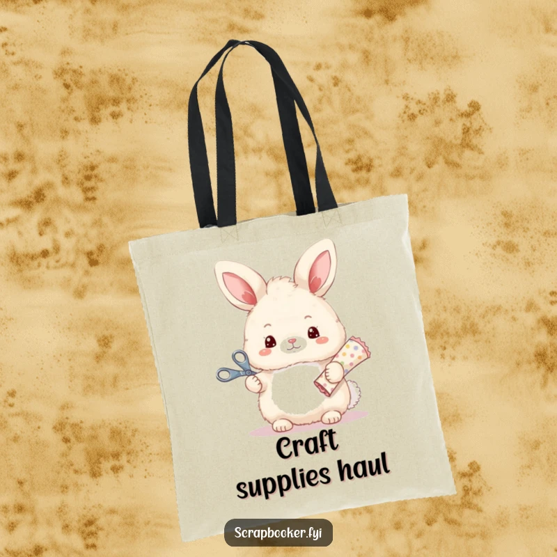 Funny tote bag featuring a cheerful bunny with scissors and paper, perfect for carrying craft supplies.