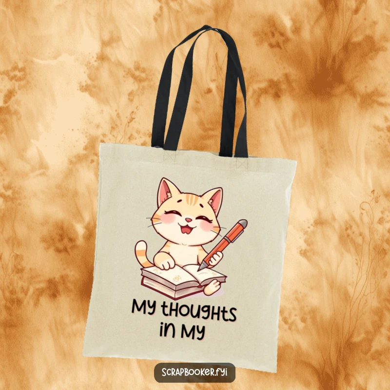 Funny cat tote bag of a giggling character holding a pen, ready to write in a journal, perfect for writers.