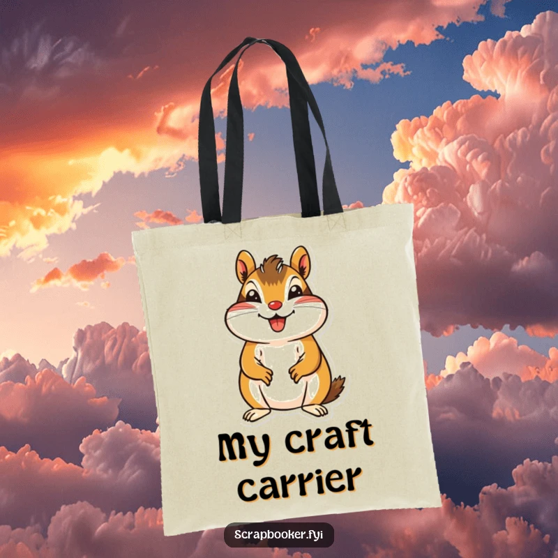Funny Chipmunk Tote Bag showing a jovial chipmunk carefully cutting a patterned paper shape, perfect for craft supplies.