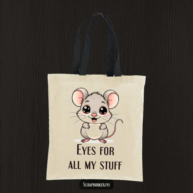 Funny mouse tote bag, cheerfully adding googly eyes to a whimsical drawing, perfect for carrying art and humor.