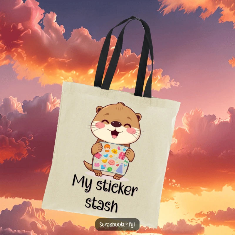 Funny Otter Tote Bag: A cheerful otter holding a vibrant sticker sheet with gleeful anticipation, ideal for carrying items with a smile.