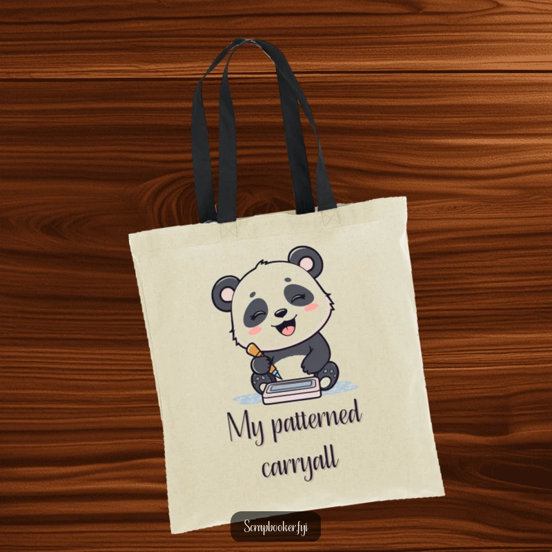 Funny tote bag with a giggling panda stamping a pattern using an ink pad, perfect for carrying items humorously.
