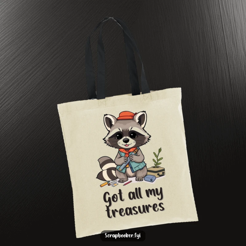 Funny raccoon tote bag, playfully crafting a layered collage with various materials, perfect for carrying art supplies.