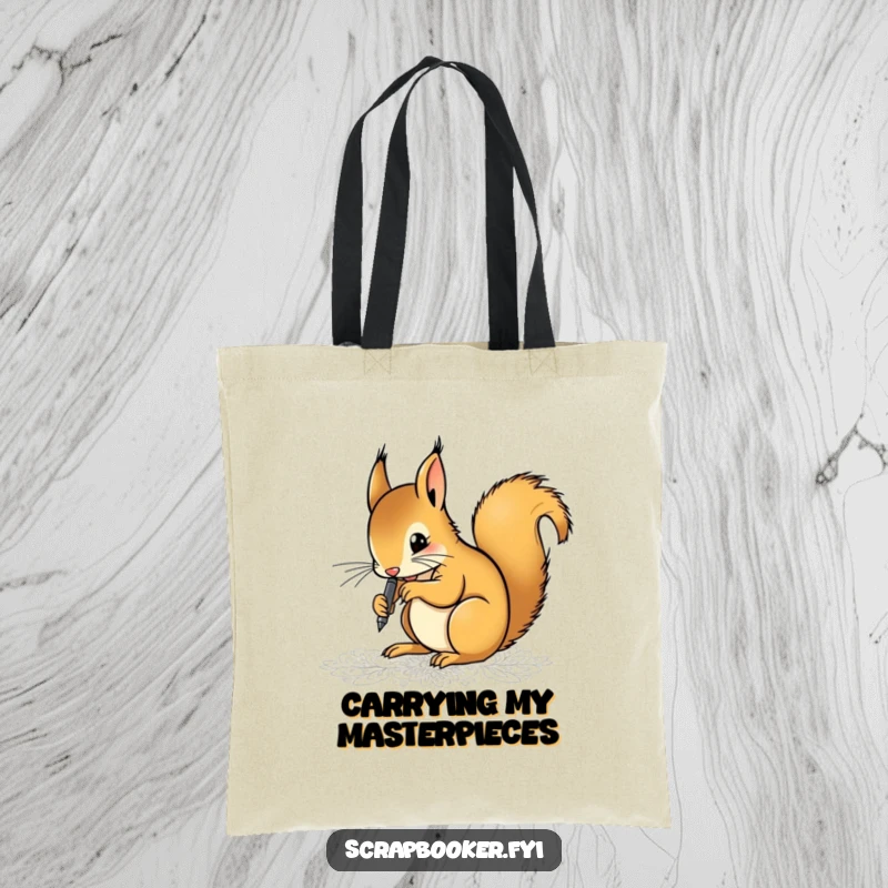 Funny tote bag with a determined squirrel meticulously drawing intricate patterns using a fine-tip pen, showcasing artistic focus and creativity.
