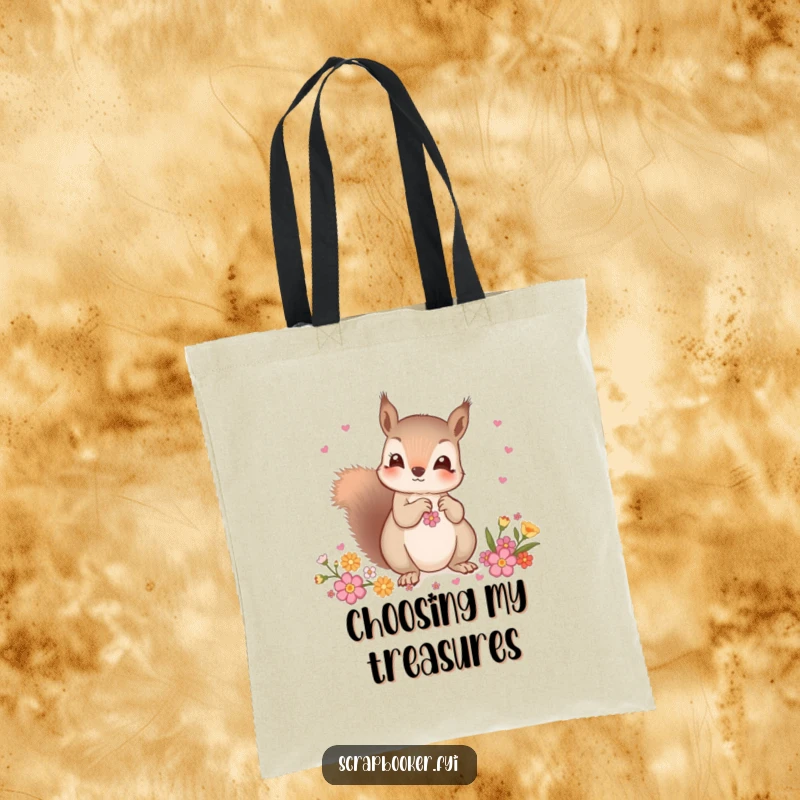 Funny tote bag featuring a curious squirrel carefully choosing decorative embellishments, perfect for carrying stylish accessories and essentials.