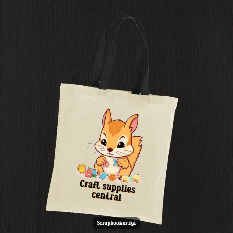 Funny tote bag depicting a focused squirrel meticulously arranging small stickers, great for artists and shopping.