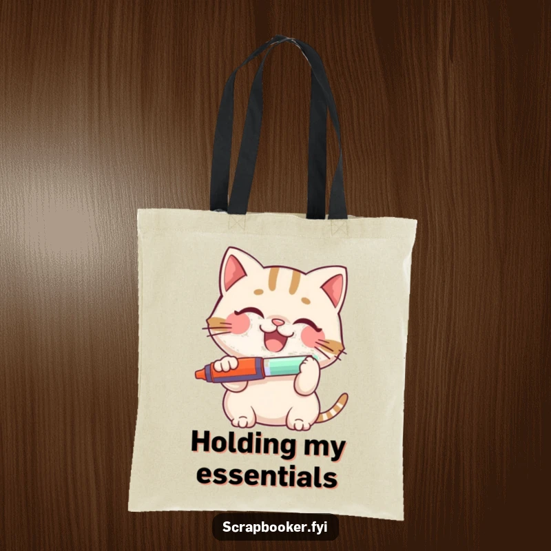 Funny Cat Tote Bag: A smiling cat with a glue stick, cheerfully ready for any task, making it a humorous and practical accessory.