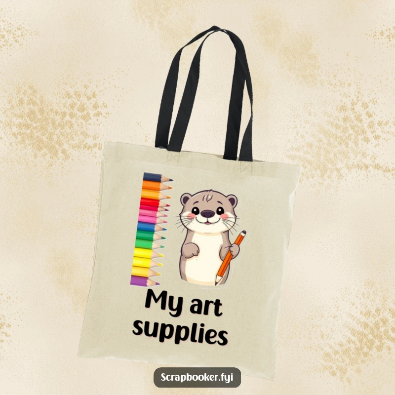 Funny otter tote bag displaying a smiling otter sketching a border with a vibrant colored pencil, perfect for art supplies.
