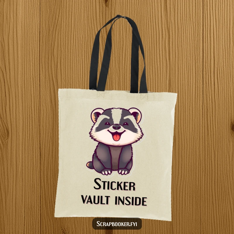 Funny tote bag featuring a badger with ecstatic, focused effort pressing down a sticker. Perfect for carrying items with personality.